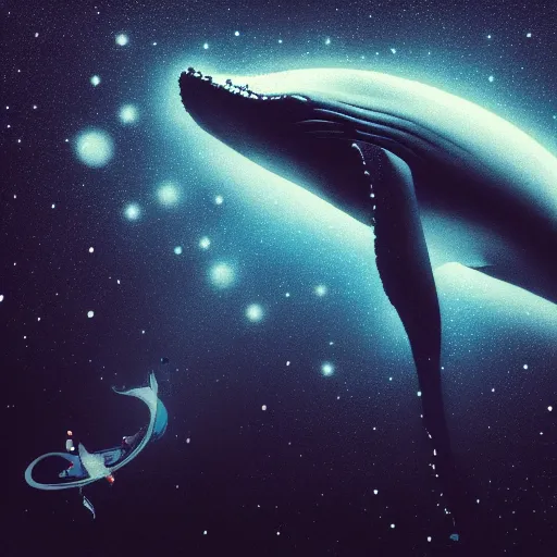 Prompt: portrait of whale swimming on a dark night sky, swimming across the universe, galaxies, oniric, dreamy, beautiful, highly detailed, realistic, cinematic, dynamic composition, trending on artstation