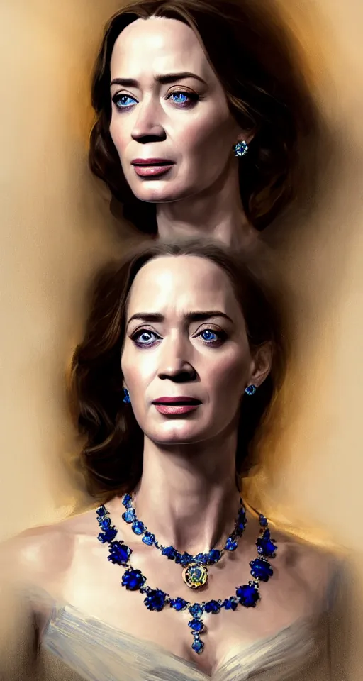 Prompt: portrait of emily blunt as queen, jewelry, greek, sapphire, victorian age, 1 8 9 0, intricate, headshot, key visual, conceptart, ambient lighting, highly detailed, digital painting, artstation, concept art, sharp focus, by makoto shinkai and akihiko yoshida and greg manchess