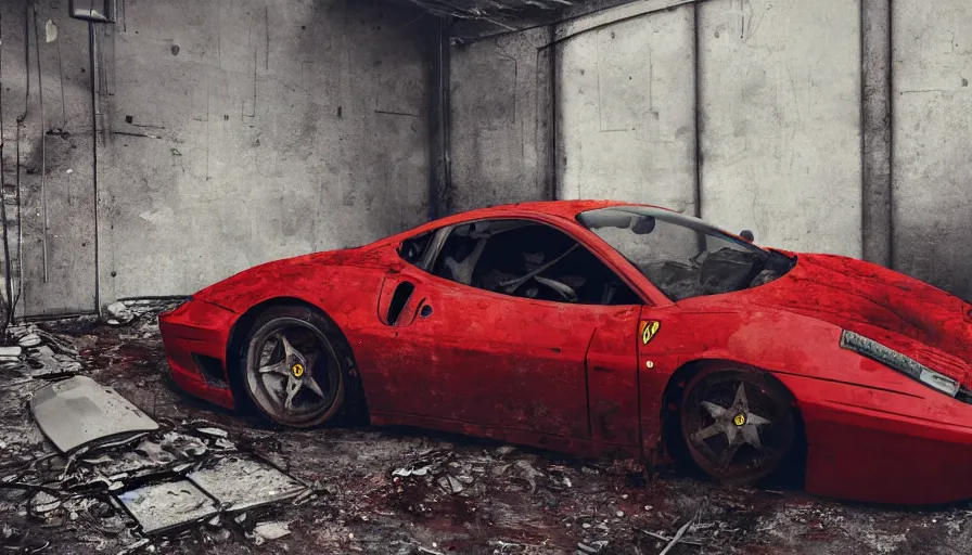 Image similar to Abandoned Ferrari in an abandoned garage with lot of vegeration, wide view, hyperdetailed, artstation, cgsociety, 8k