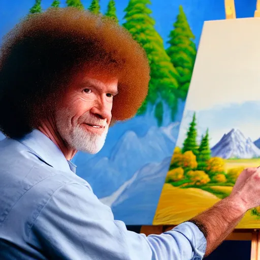 Image similar to a closeup photorealistic photograph of bob ross working on a canvas painting of cookie monster. film still. brightly lit scene. mountains and trees. this 4 k hd image is trending on artstation, featured on behance, well - rendered, extra crisp, features intricate detail, epic composition and the style of unreal engine.