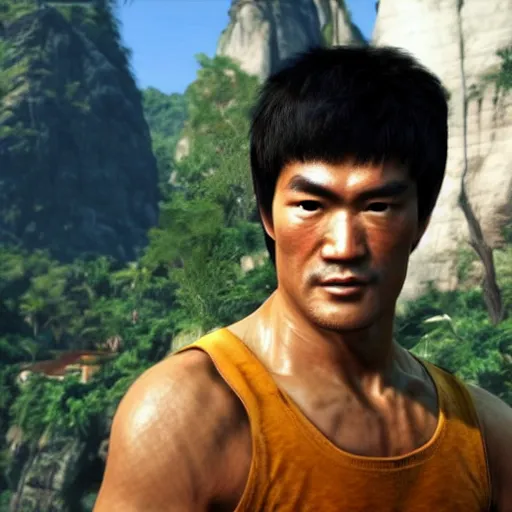 Prompt: a screenshot of bruce lee in uncharted 4. 3 d rendering. unreal engine. amazing likeness. very detailed. cartoon caricature