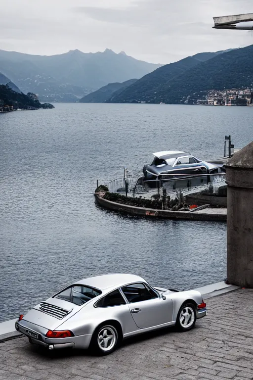 Image similar to Photo of a silver Porsche 911 Carrera 3.2 parked on a dock with Lake Como in the background, daylight, dramatic lighting, award winning, highly detailed, 1980s, luxury lifestyle, fine art print, best selling.