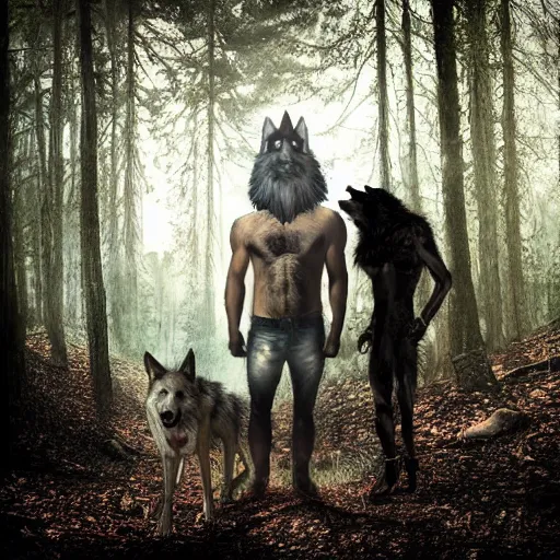 Prompt: werecreature consisting of! human and wolf, profressional photograph captured in a forest