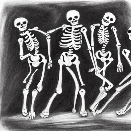 Prompt: skeletons dancing around a fire, black and white, charcoal sketch