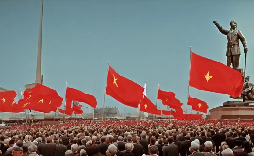 Prompt: 60s movie still of the great soviet's ceremony with CCCP flags and a large bronze statue of Karl Marx stanilist style palace backround, by Irving Penn , cinestill 800t 35mm eastmancolor, heavy grainy picture, very detailed, high quality, 4k, HD criterion, precise texture