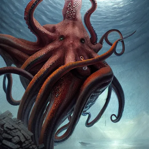 Image similar to a dream fantasy painting of a giant octopus kill a diving man, by beksinki, giger, greg rutkowski, carne griffith trending on artstation, deviantart, photorealism