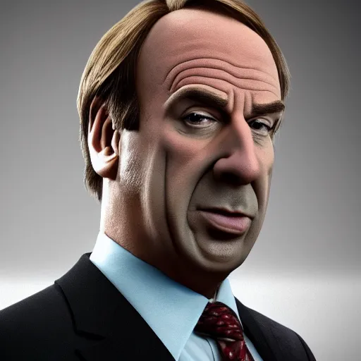 Image similar to saul goodman, stretched face, wide, cgi, render