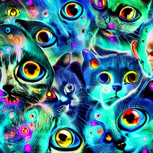 Prompt: cats with many eyes floating in colorful glowing swirling whisps, chimera cat, different eye colors, occult inspired, emerging from the void, shallow depth of field