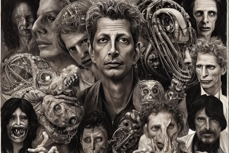 Prompt: hyper realistic portrait of wider faced jeff goldblum, silver haired, the fly, the thing, body horror, cronenberg, by hr giger, by lee bermejo, alphonse mucha and greg rutkowski