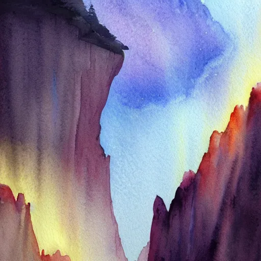 Prompt: beautiful lush natural scene on another planets majestic imposing cliffs. different than earth but beautiful. lightfall. beautiful detailed artistic watercolor. trending on artstation and deviantart.