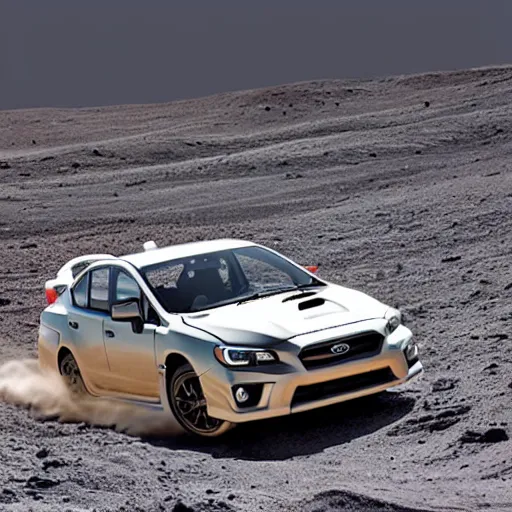 Image similar to a subaru wrx, on the surface of the moon