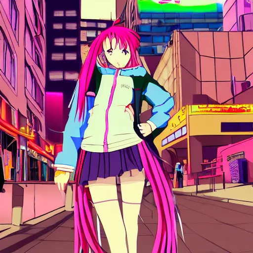 Image similar to anime girl with eccentric clothes, long spiky pink hair, cel - shading, 2 0 0 1 anime, flcl, jet set radio future, night time, entertainment district, colorful buildings, lines of lights, christmas lights, rollerskaters, cel - shaded, jsrf, strong shadows, vivid hues, y 2 k aesthetic