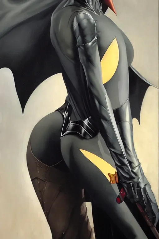 Prompt: very beautiful oil painting of batman as aeon flux by peter chung + loish + rembrandt + anne leibovitz + moebius + craig mullins + margaret keane, detailed, symmetrical,