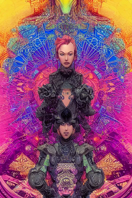 Image similar to the empress by travis charest and laurie greasley, detailed, kaleidoscope, psychedelic, cosmic energy by Kelly McKernan, yoshitaka amano, hiroshi yoshida, moebius, artgerm, cool tone pastel rainbow colors, inspired by dnd, iridescent aesthetic, centered symmetrical and detailed