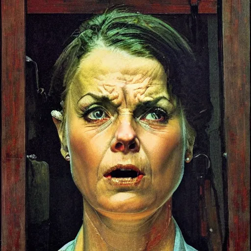 Image similar to Front portrait of an angry woman in the dark with eyes that literally glow. A painting by Norman Rockwell.