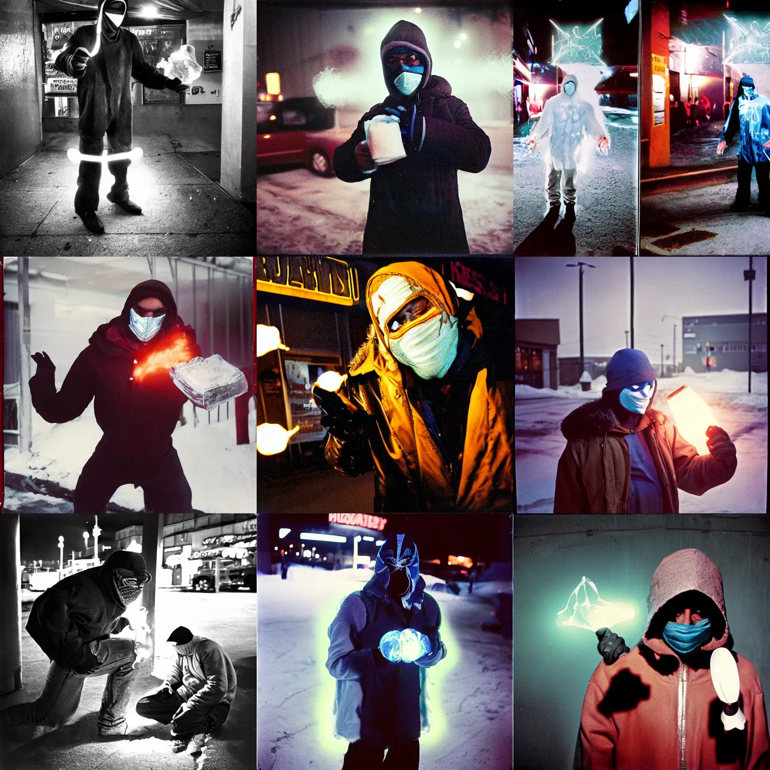 Prompt: kodachrome photo, homeless sub zero from mortal kombat in a mask doing magic tricks with ice, flashing, by bruce gilden, on a parking lot, overexposed, harsh flash, grainy, kodachrome, magnum photos