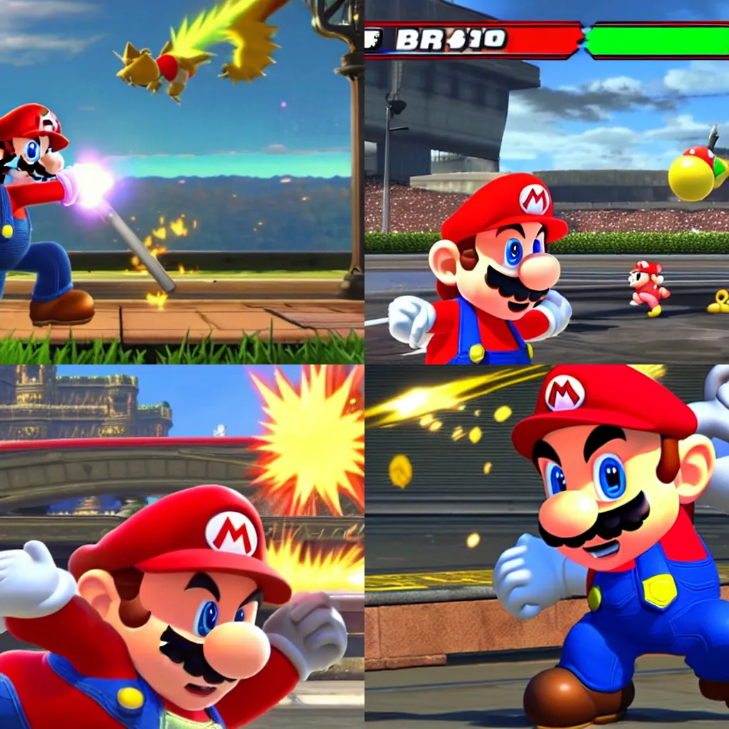 Prompt: Mario spiking a car in Super Smash Bros Ultimate, game screenshot