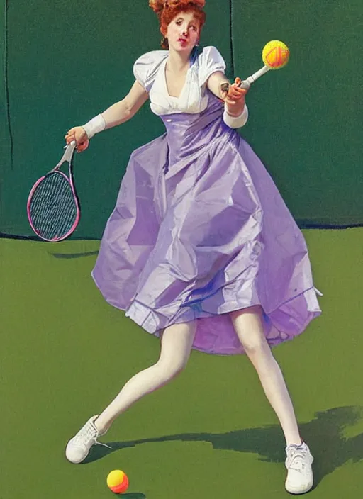 Prompt: a low angle copic maker art nouveau portrait of a russian girl playing tennis on a grass court wearing a futuristic puffy light purple anorak and a dark latex suit designed by balenciaga by john berkey norman rockwell