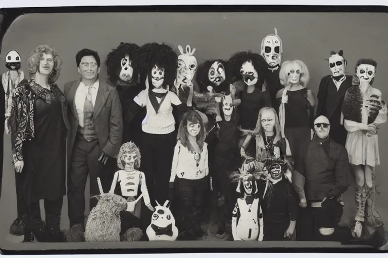 Prompt: tintype photo of a group of people, zippy from rainbow childrens tv show, harry hill, darth maul, edward scissorhands, princess diana, giant seahorse, frankie boyle, jackie chan, mr hedgehog, jessica rabbit, maradona. everyone is standing behind a llama