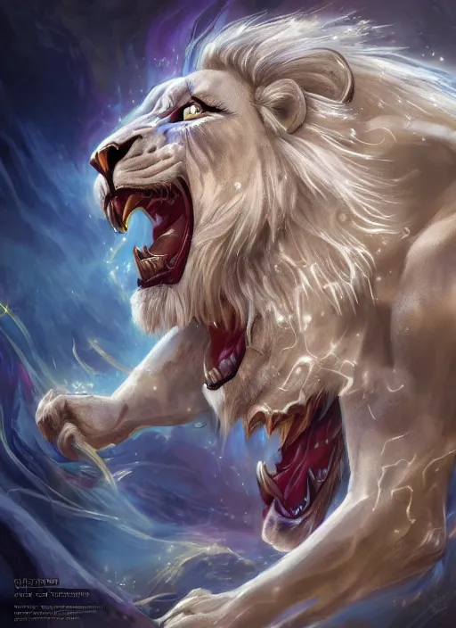 Image similar to anthropomorphized white lion hero casting magic bright light spell, smiling, casting spell, concept art, insanely detailed and intricate, hypermaximalist, elegant, ornate, hyper realistic, super detailed, art deco, cinematic, trending on artstation, magic the gathering artwork