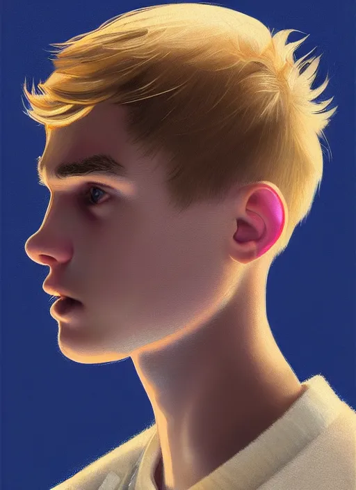 Image similar to portrait of a teenage boy named moose mason, blonde short hair, jock, beefy, square jaw, square facial structure, 1 9 5 0 s, blue varsity jacket, intricate, elegant, glowing lights, highly detailed, digital painting, artstation, concept art, smooth, sharp focus, illustration, art by wlop, mars ravelo and greg rutkowski