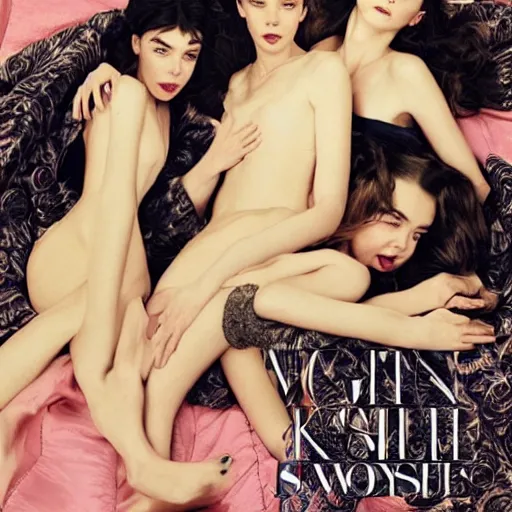 Image similar to stunning vogue magazine photo of dark - haired goddesses vanessa kirby, hailee steinfeld, and bjork smiling, legs intertwined, laying back on the bed, with wet faces!!, wet lips, smooth skin, perfect eyes, insanely detailed, elegant, by wlop, rutkowski, livia prima, mucha, wlop,