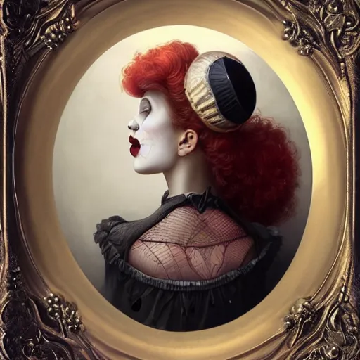 Image similar to by Tom Bagshaw, ultra realist soft painting of a carnival curiosities, single female clown in a corset, symmetry accurate features, very intricate details, focus, curvy, award winning, ultra dense fog