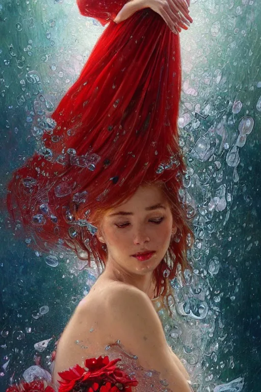 Image similar to portrait of a beautiful woman wearing a red dress, holding a bouquet of flowing flowers, drenched body, wet dripping hair, emerging from the water, fantasy, regal, fractal crystal, fractal gems, by stanley artgerm lau, greg rutkowski, thomas kindkade, alphonse mucha, loish, norman rockwell