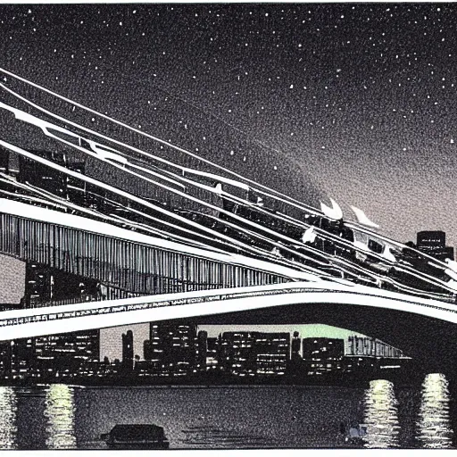 Prompt: night scene of future bridge illustrated by arai yoshimune