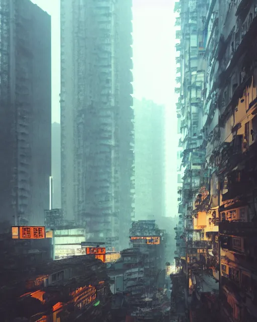 Image similar to poor buildings, hong kong buildings, kowloon, slums, night, cyberpunk, fog, rain, dramatic lighting, depressing, dystopia, trending on Artstation, 8k, highly realistic, hyper detailed, unreal engine 5, IMAX quality, realistic, cinematic, epic lighting, realistic, Matte Painting, masterpiece,