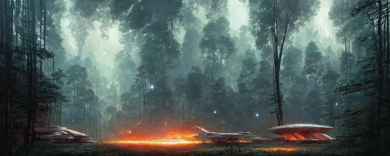 Prompt: a giant megastructure spaceship wrecked and lost in the forest, a small fire in the distance, detailed digital art by greg rutkowski.