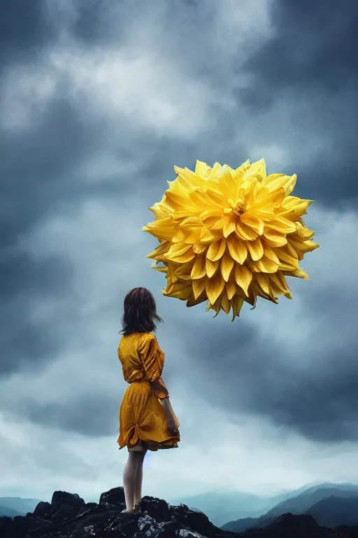 Image similar to closeup girl with huge yellow dahlia flower face, intricate, standing on mountain, surreal photography, blue storm clouds, dramatic light, impressionist painting, digital painting, artstation, simon stalenhag