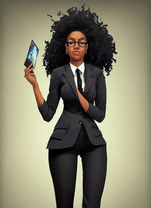 Prompt: detailed digital painting of beautiful black woman in corporate attire with natural hair, fanart behance trending on artstation, concept art, matte, sharp focus, illustration, super hero pose, hearthstone, art by artgerm and greg rutkowski and alphonse mucha
