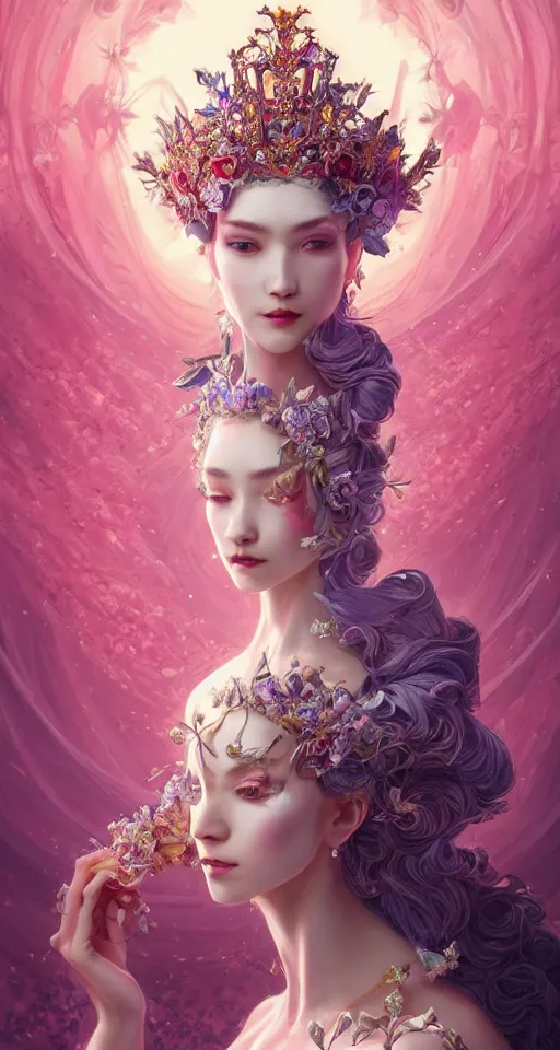 Image similar to A beautiful fantasy empress, highly detailed full body, breathtaking flower tiara, gorgeous aristocrat robe, beautiful figure, epic composition, ultra wide-shot, dynamic pose, concept art, beautifully lit, digital painting, character design, sharp focus, elegant, smooth, intricate, artstation, by WLOP and James Jean and Victo Ngai and Ryohei Hase