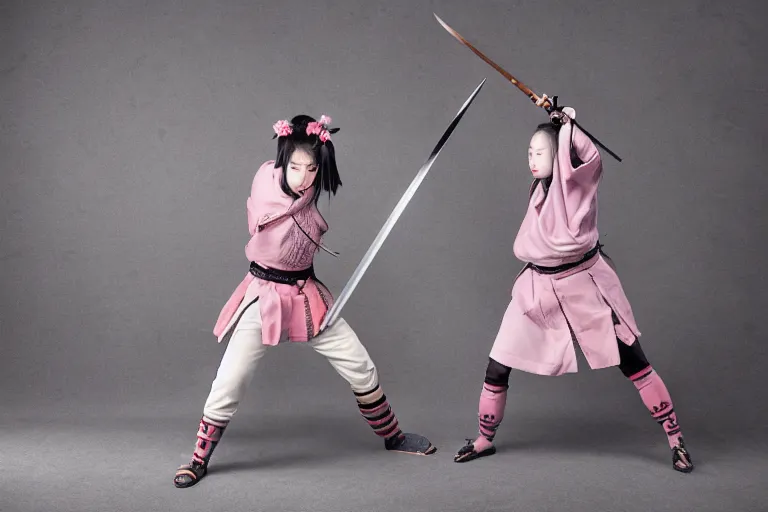 Image similar to beautiful photo of a young female samurai, practising sword stances, symmetrical face, beautiful eyes, huge oversized anime style sword, highly detailed, 8 k, award winning photo, muted pastels, action photography, 1 / 1 2 5 shutter speed, dramatic lighting