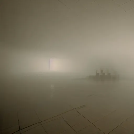 Prompt: impossible geometry floating in a grand hall, film still, foggy