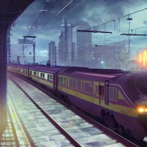 Image similar to :: Train to Hogwarts :: cyberpunk style :: Makoto Shinkai cyberpunk style :: Cinematography by Zack Snyder ::8k resolution :: cinematic shot.