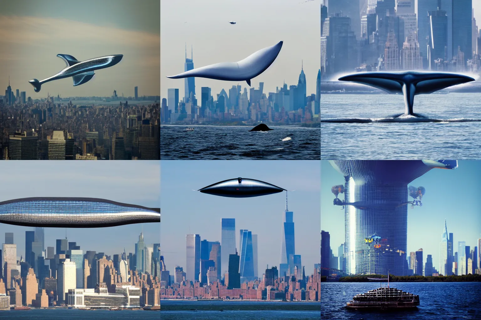 Prompt: stock photograph of cyberpunk New York zeppelin over Hudson sightseeing whale