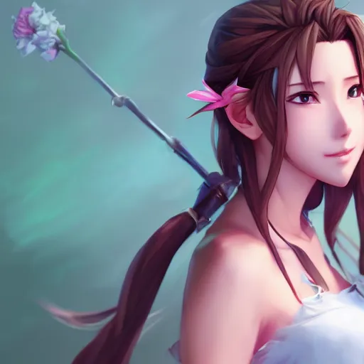 Image similar to full body shot of aerith gainsborough by WLOP, rossdraws, Logan Cure, Mingchen Shen, BangkuART, sakimichan, yan gisuka, JeonSeok Lee, zeronis, Chengwei Pan on artstation