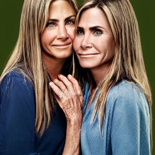 Image similar to old jennifer anniston and courtney cox actress at age 1 5 0 years old, morphing together, absorbing each other, color ( sony a 7 r iv, symmetric balance, polarizing filter, photolab, lightroom, 4 k, dolby vision, photography award ), vogue, perfect face