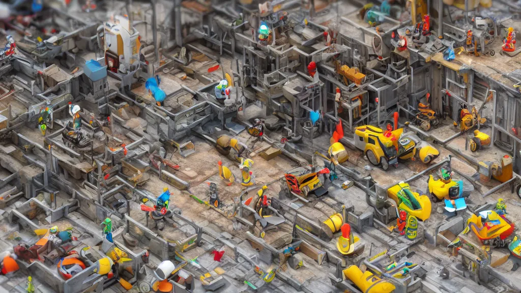 Prompt: construction site made out of toys, pipes, concept art, 3d render, low angle photo