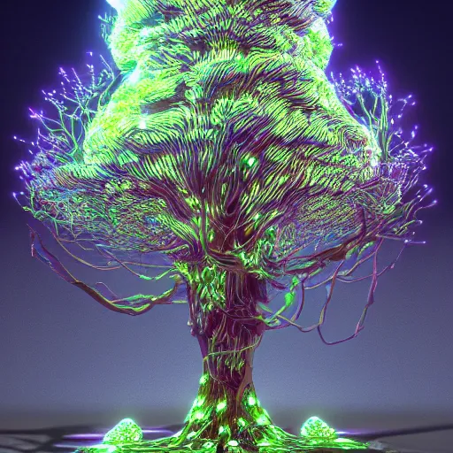 Prompt: hyperdetailed led tree mech by michael Whelan and peter andrew jones, oddly satisfying cinema 4d render