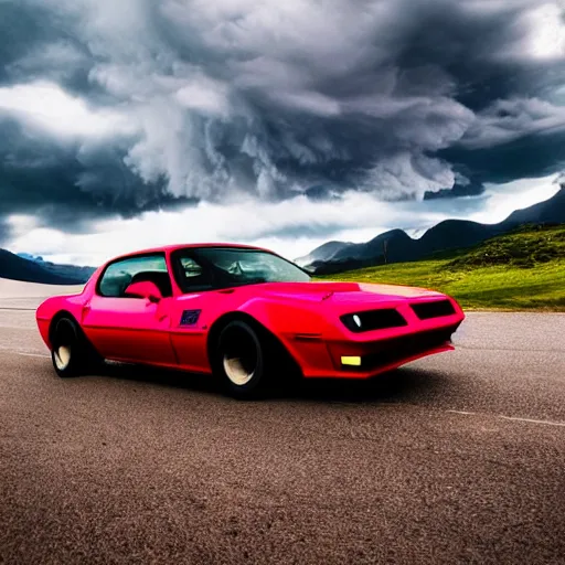 Image similar to nightmarish creatures rushing towards car, black pontiac firebird trans - am driving towards the camera, norway mountains, red glow in sky, valley, large lake, dynamic, cinematic, motionblur, volumetric lighting, wide shot, low angle, large lightning storm, thunder storm