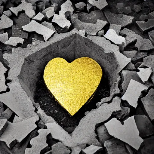 Image similar to heart made of gold smashed on the ground and broken into pieces