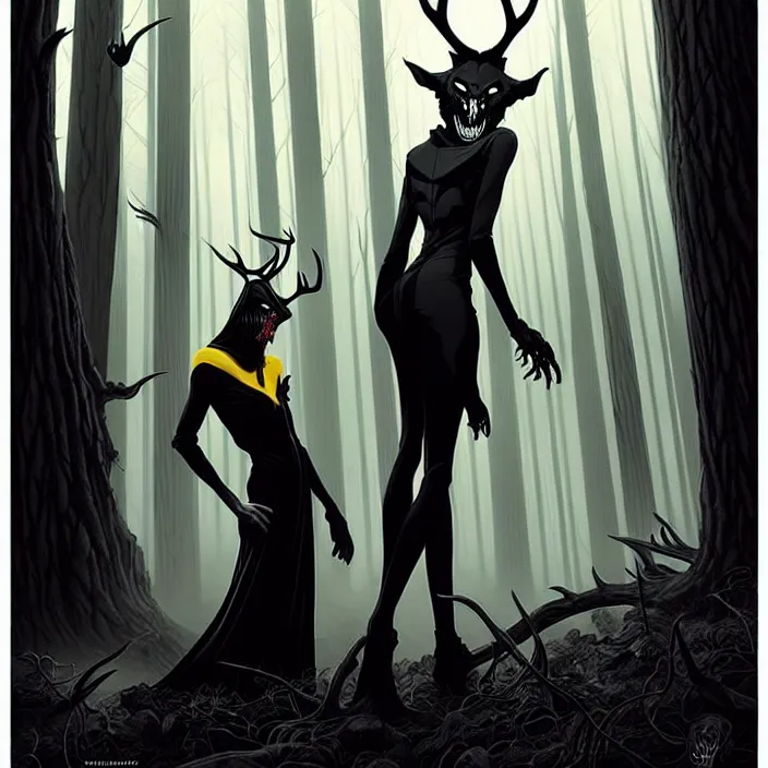 Image similar to style artgerm, joshua middleton, rafael albuquerque, gerald brom : : scary wendigo with antlers and skull face mixed with werewolf : : [ [ beautiful female witch wearing a black dress, yellow eyes, symmetrical face, on the right side ] ] : : in the forest, detailed, dark and foggy, cinematic lighting