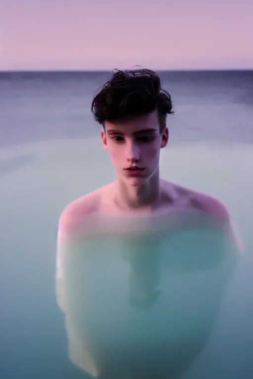 Image similar to high quality pastel coloured film mid angle docu photograph of a beautiful young 2 0 year old male, soft features, short black hair, oversized clothing, in icelandic black rock pool environment. atmospheric. three point light. photographic. art directed. ( pastel colours ). volumetric light. clearcoat. waves glitch. 8 k. filmic.