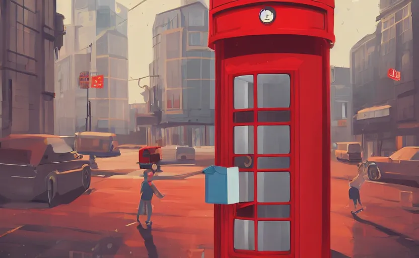 Prompt: giant red post box, james gilleard, print, game art