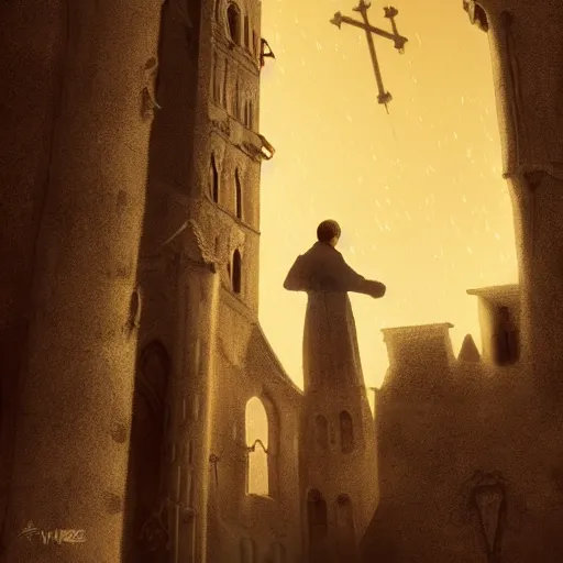 Image similar to A terrified catholic priest in his twenties fervently praying at the top of a medieval tower. He is looking horrified as a yellow shadow descends upon him from the night sky. Dramatic lighting. Award-winning digital art, trending on ArtStation