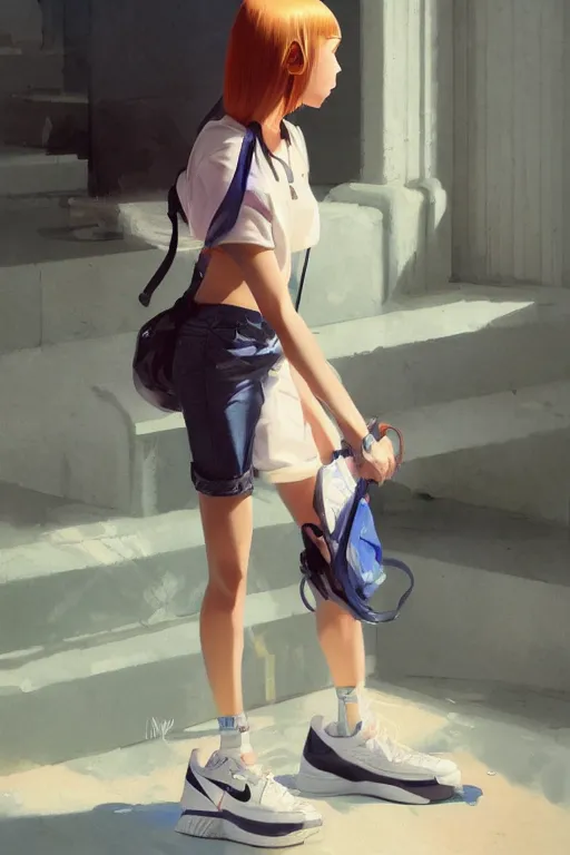 Image similar to A ultradetailed beautiful panting of a stylish girl , she is wearing Nike sneakers, Oil painting, by Ilya Kuvshinov, Greg Rutkowski and Makoto Shinkai