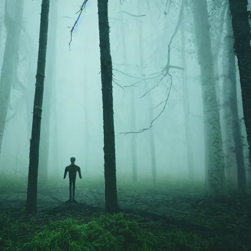 Image similar to a long shot of a ominous alien being standing in a forest, detailed, mythical, mist, depressing, tired, dark, lush, nature, mist, mystery, glows, somber, dismal, fog, heavy fog, dark lighting, rim light, glow, ambient light,